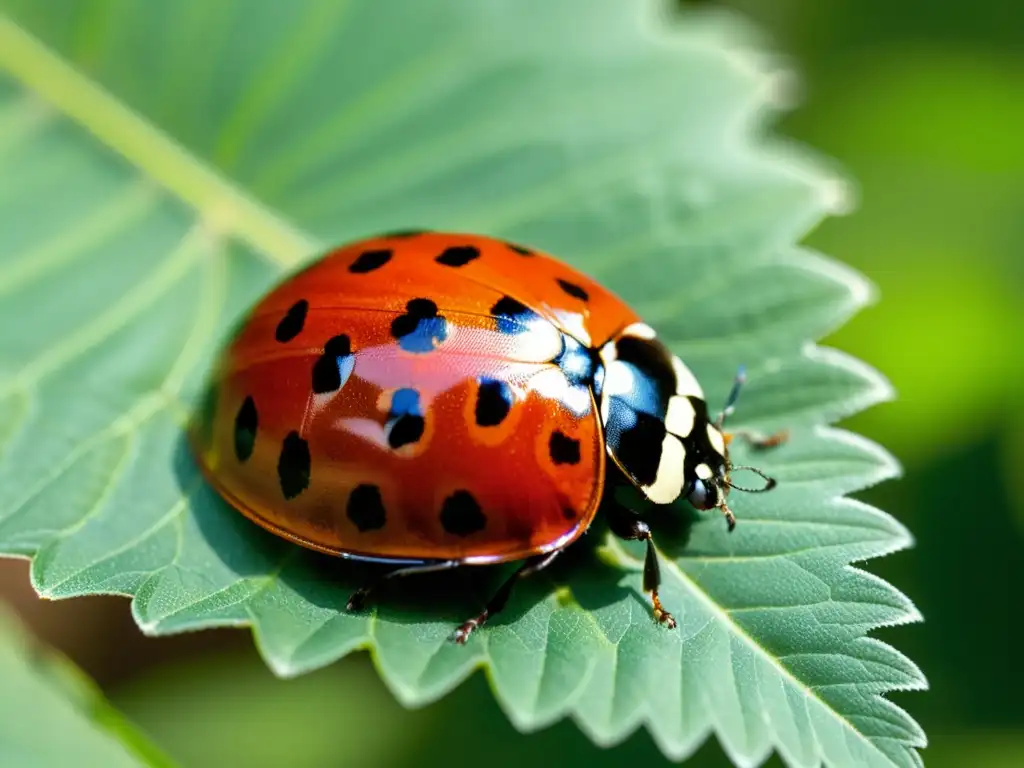 Una mariquita roja y negra sobre una hoja verde, mostrando sus colores brillantes como advertencia a los depredadores