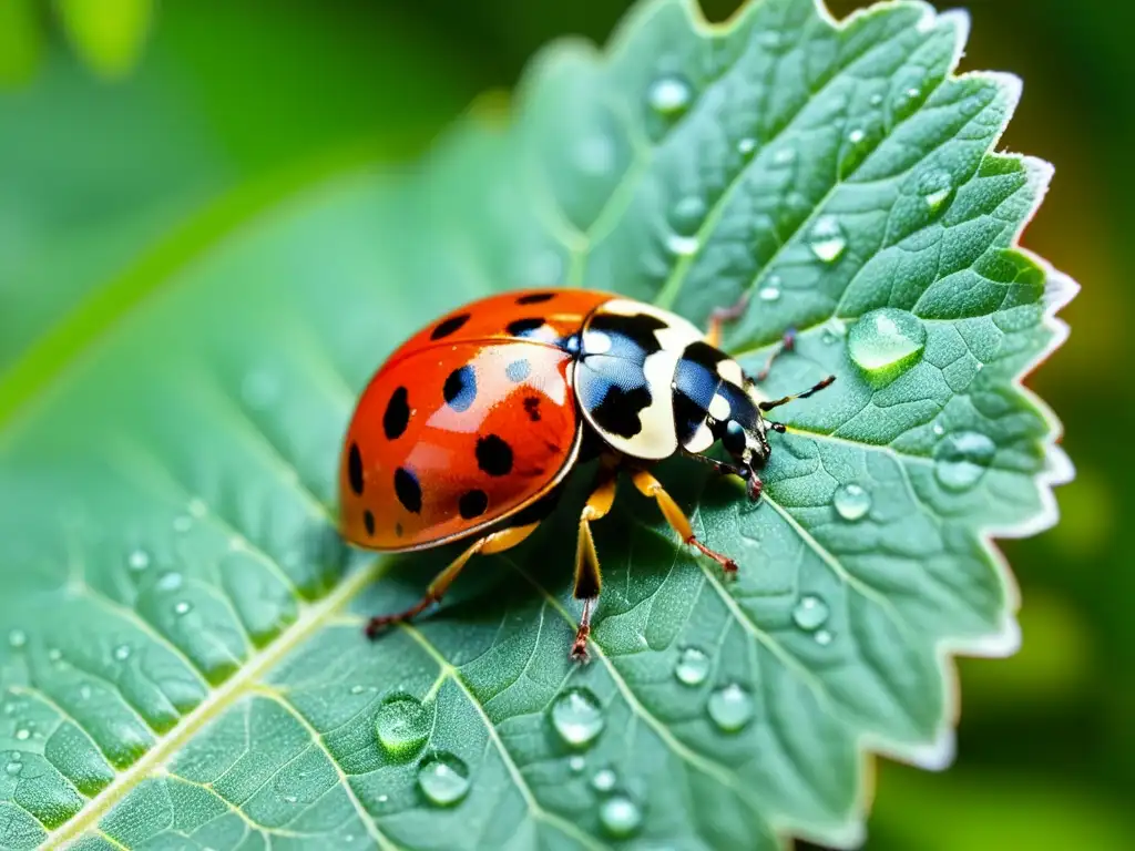 Una mariquita roja y negra posada en una hoja verde brillante, con patrones intrincados en sus alas y gotas de rocío