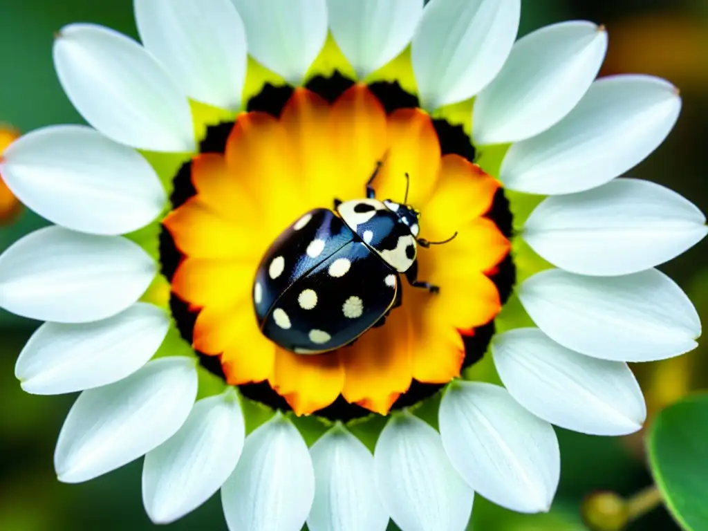 Una mariquita verde y negra se desplaza sobre los pétalos de una flor