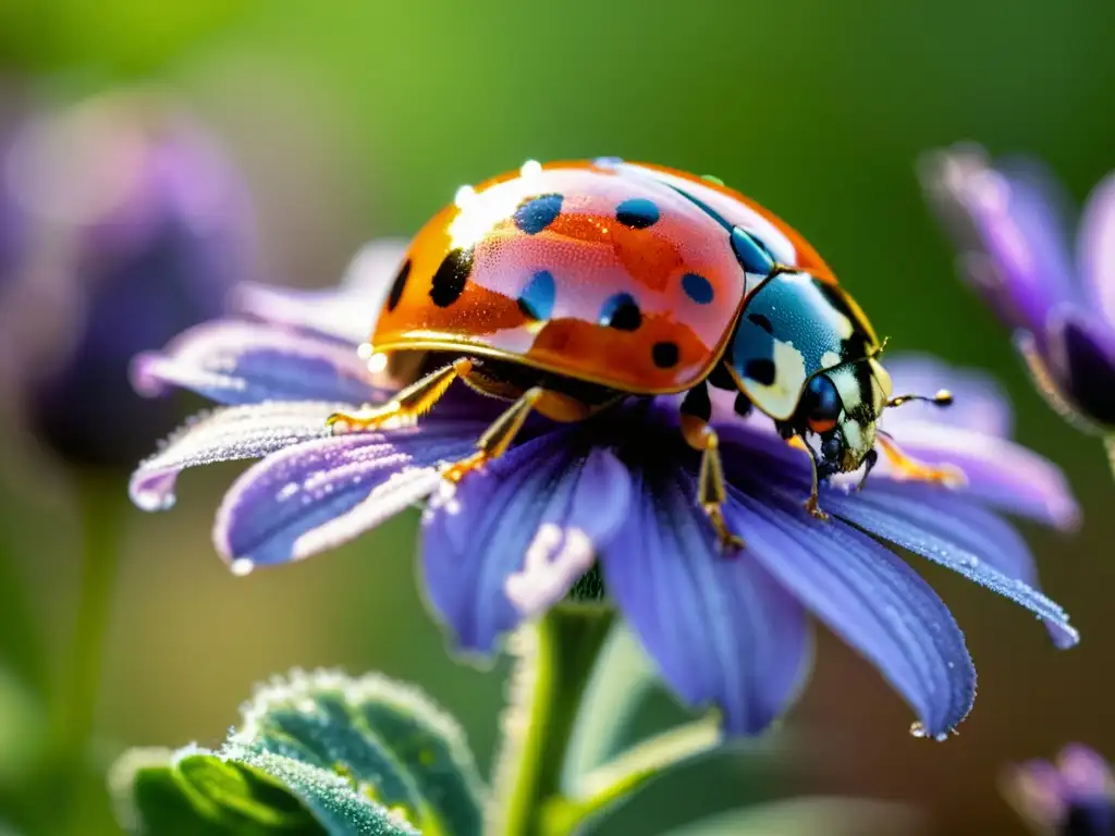 Una mariquita verde vibrante en una planta de lavanda morada con rocío, atrayendo insectos útiles en espacios pequeños