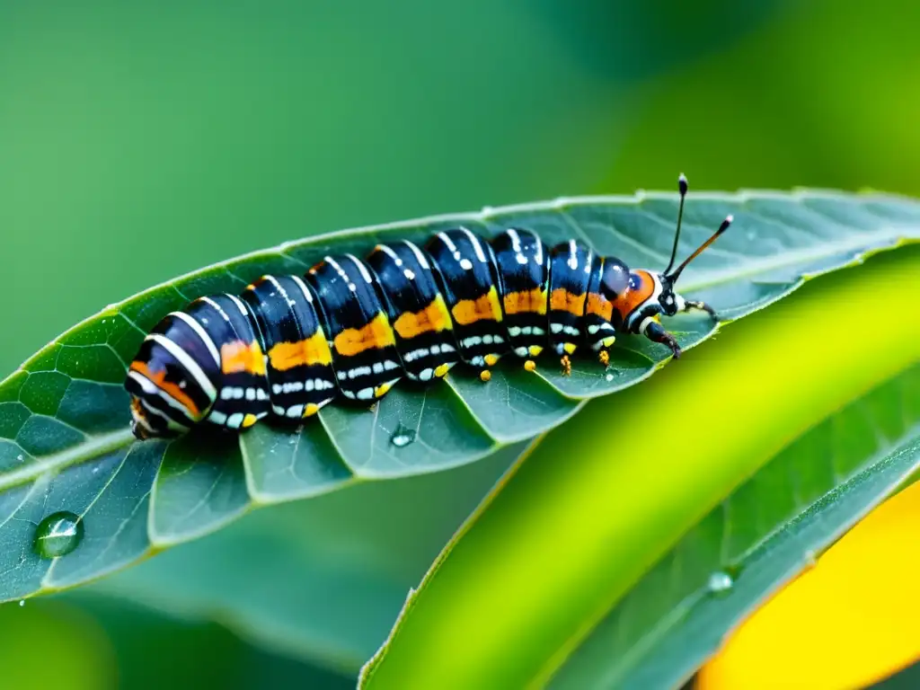 Metamorfosis de las mariposas explicada: Detalle de una oruga Monarca sobre una hoja de algodoncillo con gotas de agua