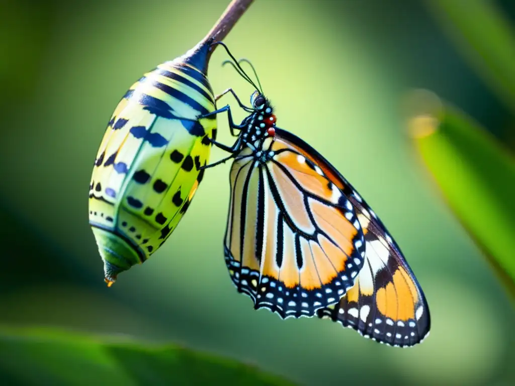 Metamorfosis en insectos y animales: Una mariposa monarca emerge de su crisálida, mostrando sus delicadas alas y vivos colores en detalle