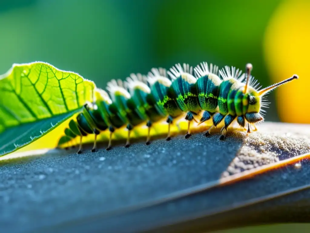 Metamorfosis de insectos en entornos urbanos: Detalle de una oruga verde en una hoja, entre elementos urbanos, con luz solar filtrándose