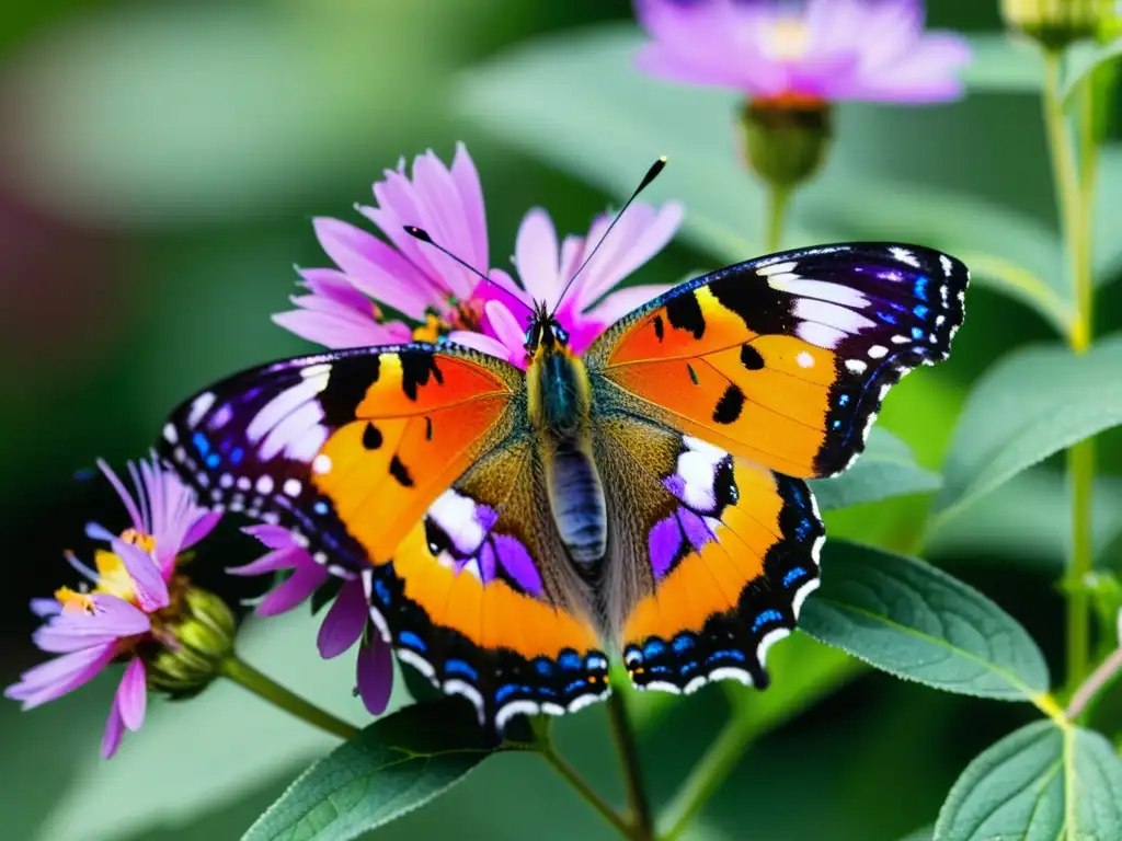 Metamorfosis de insectos en entornos urbanos: Mariposa colorida posada en una flor morada en un bullicioso parque urbano