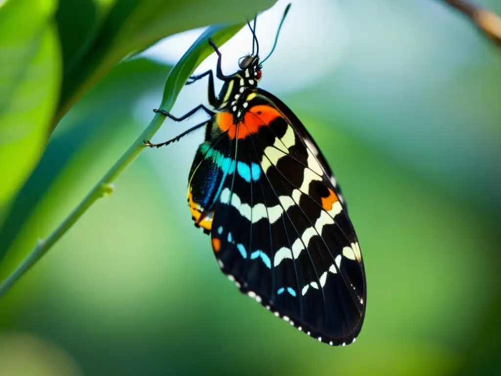 Evolución de la metamorfosis en insectos: Una mariposa emerge de su crisálida con delicadas alas desplegándose al sol