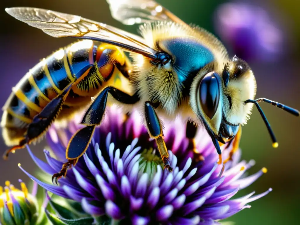 Metamorfosis de insectos en la polinización de plantas: Detalle espectacular de una abeja cubierta de polen, en pleno vuelo sobre una flor morada