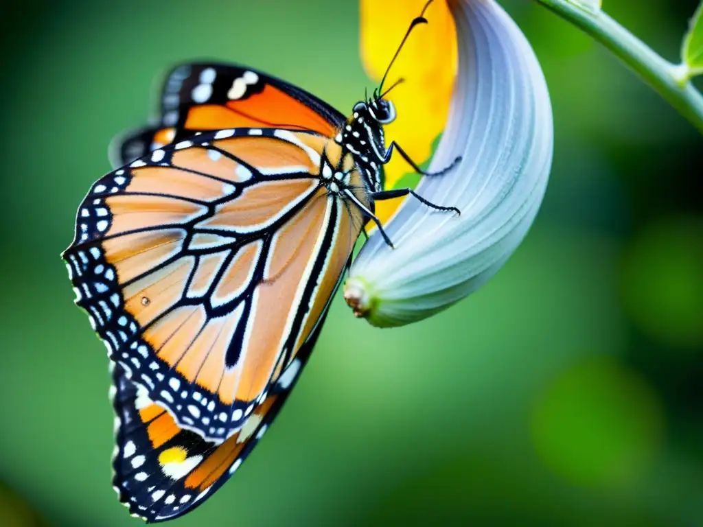 Metamorfosis: Monarca emergente con alas vibrantes Metamorfosis de lepidópteros genética: Detalle asombroso de una mariposa monarca emergiendo de su crisálida, con alas vibrantes y cuerpo delicado