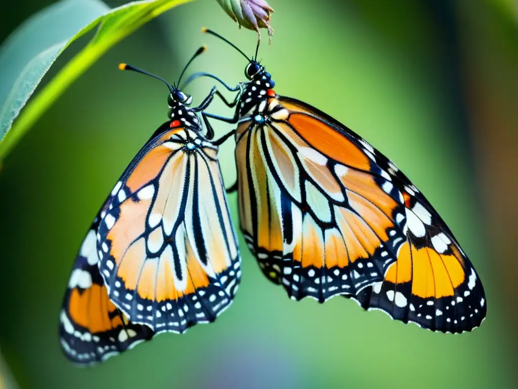 Esplendor de la metamorfosis: Monarca emergente Metamorfosis de lepidópteros genética: Monarca emergiendo con alas naranjas y negras, patrones en exoesqueleto y chrysalis al fondo