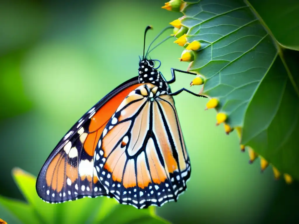 Metamorfosis de una mariposa monarca emergiendo de su crisálida, desplegando sus alas naranjas y negras sobre hojas verdes