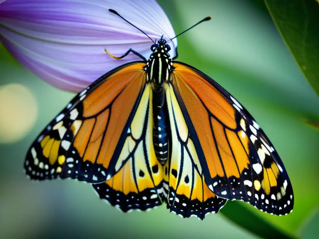 Metamorfosis de las mariposas: Detalle de una mariposa monarca emergiendo de su crisálida, desplegando sus delicadas alas con vibrantes colores