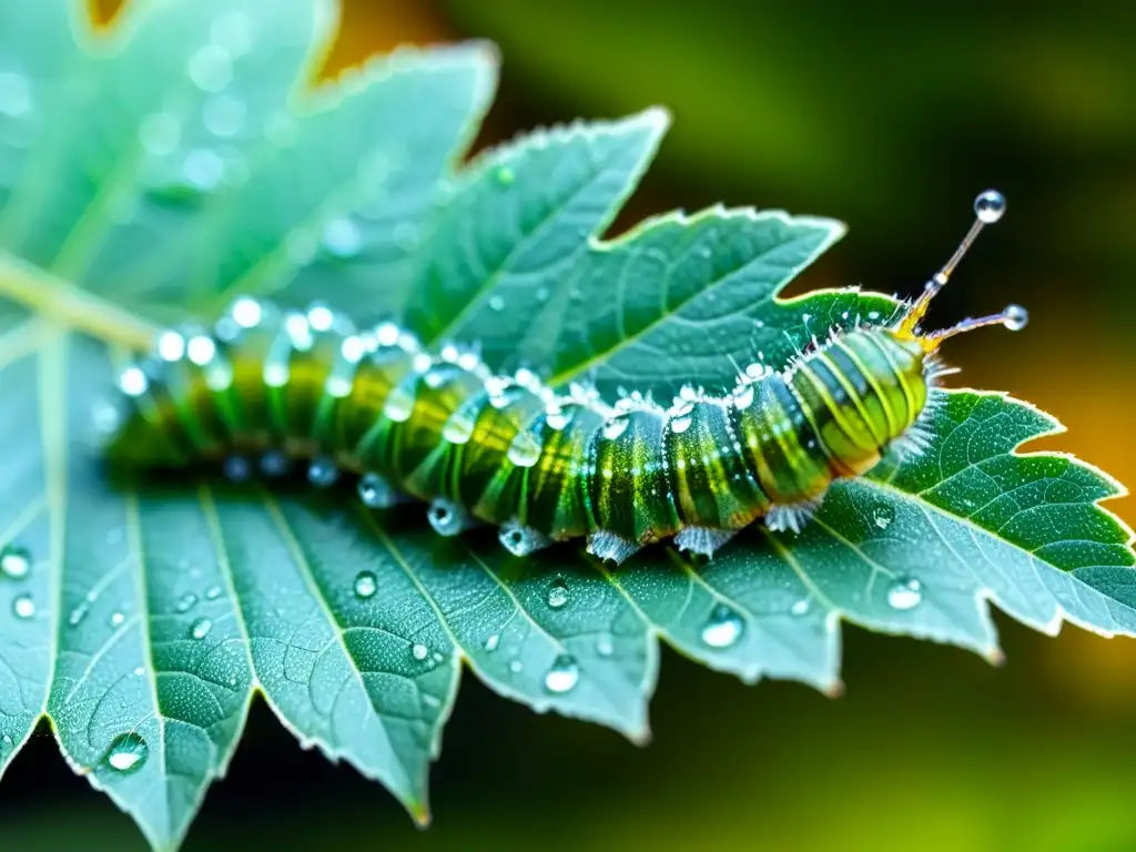 Metamorfosis de oruga a mariposa: Detalle asombroso de una oruga verde brillante deslizándose sobre una hoja con gotas de rocío