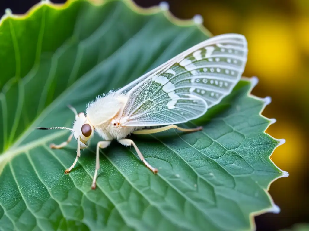 Metamorfosis de polilla en imágenes: Una diminuta polilla recién nacida, con alas translúcidas, reposa en una hoja mientras se prepara para explorar el mundo