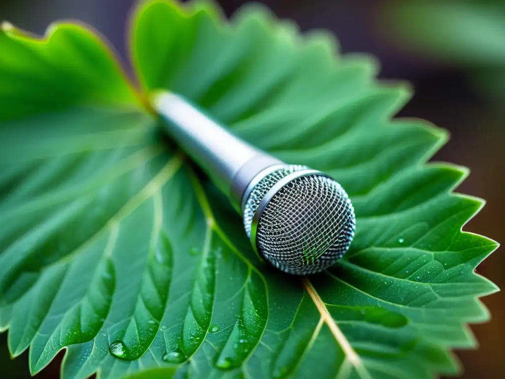 Micro con tecnología avanzada captura sonidos naturaleza insectos, junto a hoja verde con gotas de agua