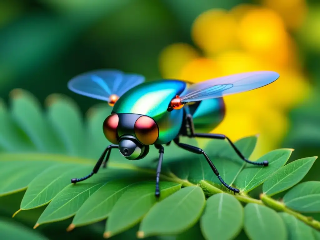 Un microdron inspirado en libélulas, con alas iridiscentes, se eleva en medio de exuberante follaje verde