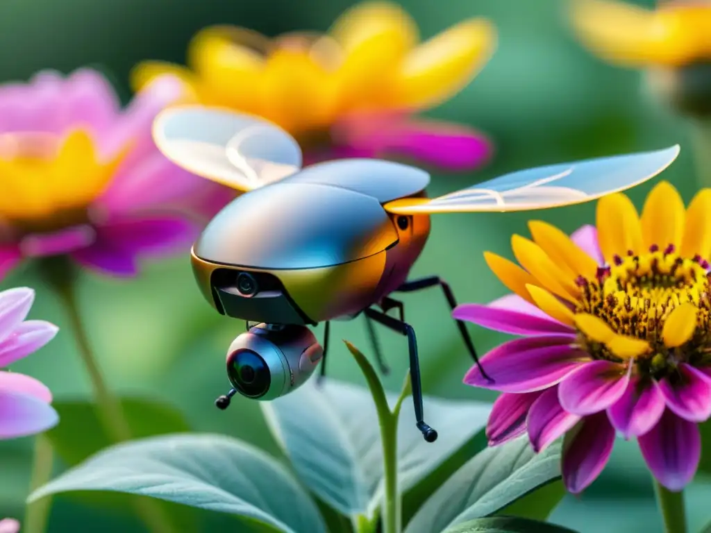 'Un microdrone inspirado en abejas, con detalle y diseño intrincados, capturando la belleza de las flores en pleno vuelo