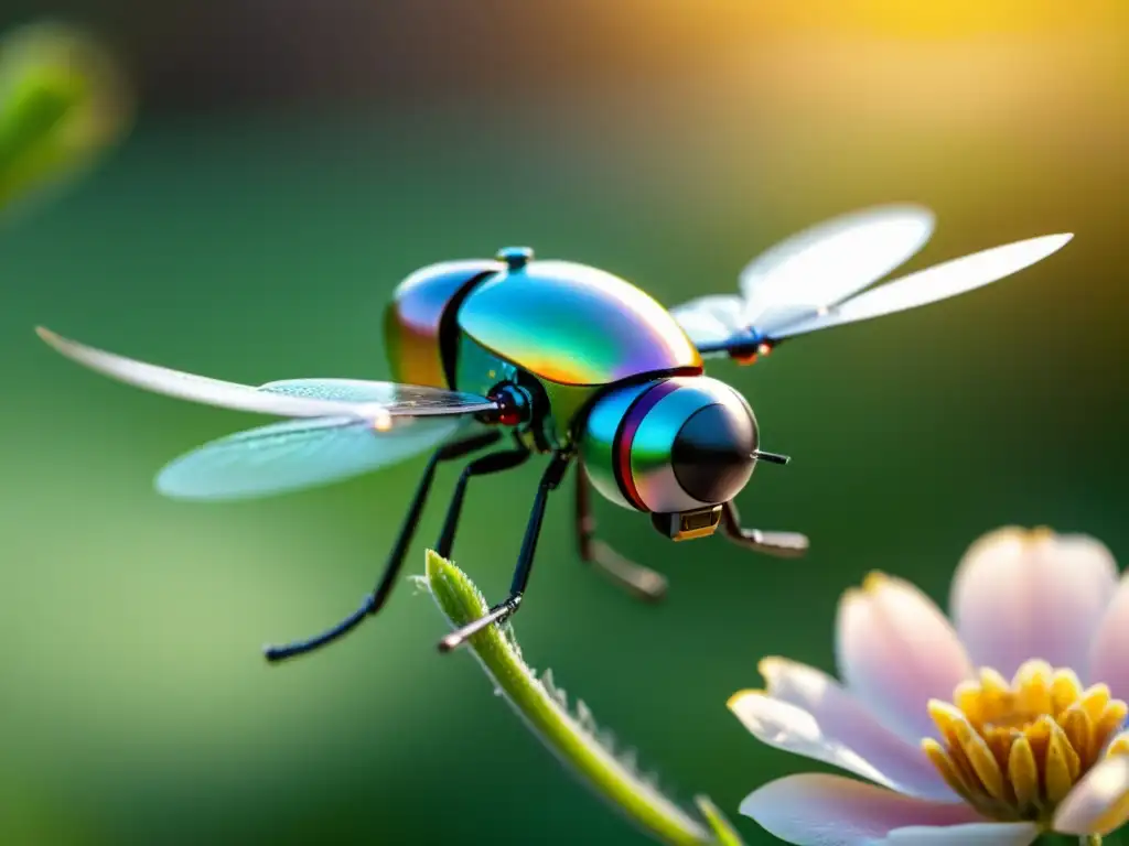 Un microdrone inspirado en libélulas, con alas metálicas relucientes, captura la belleza de una flor