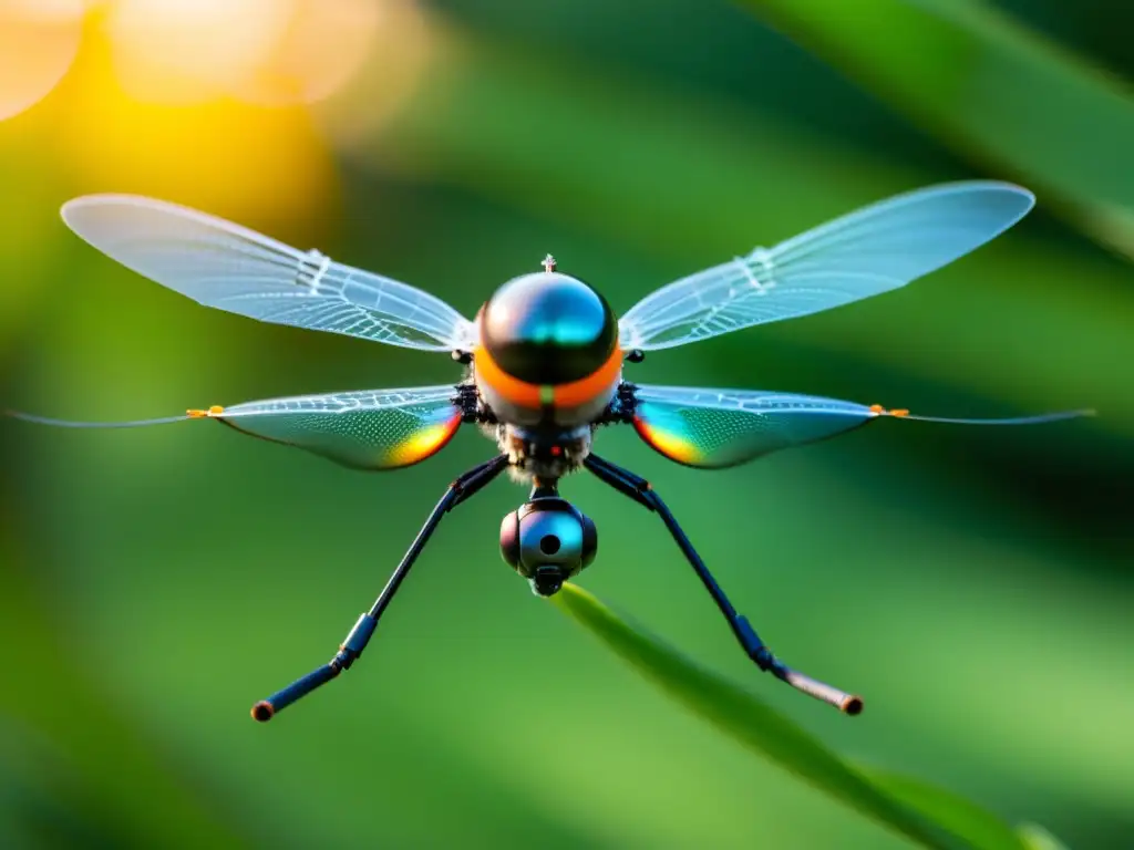 Un microdrone inspirado en libélulas, con alas transparentes y escamas iridiscentes, se eleva grácilmente en un fondo borroso