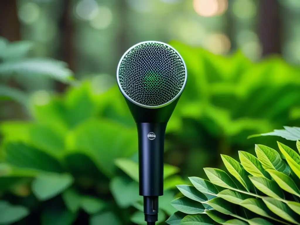 Un micrófono parabólico de alta gama entre exuberante vegetación captura la vida natural con precisión