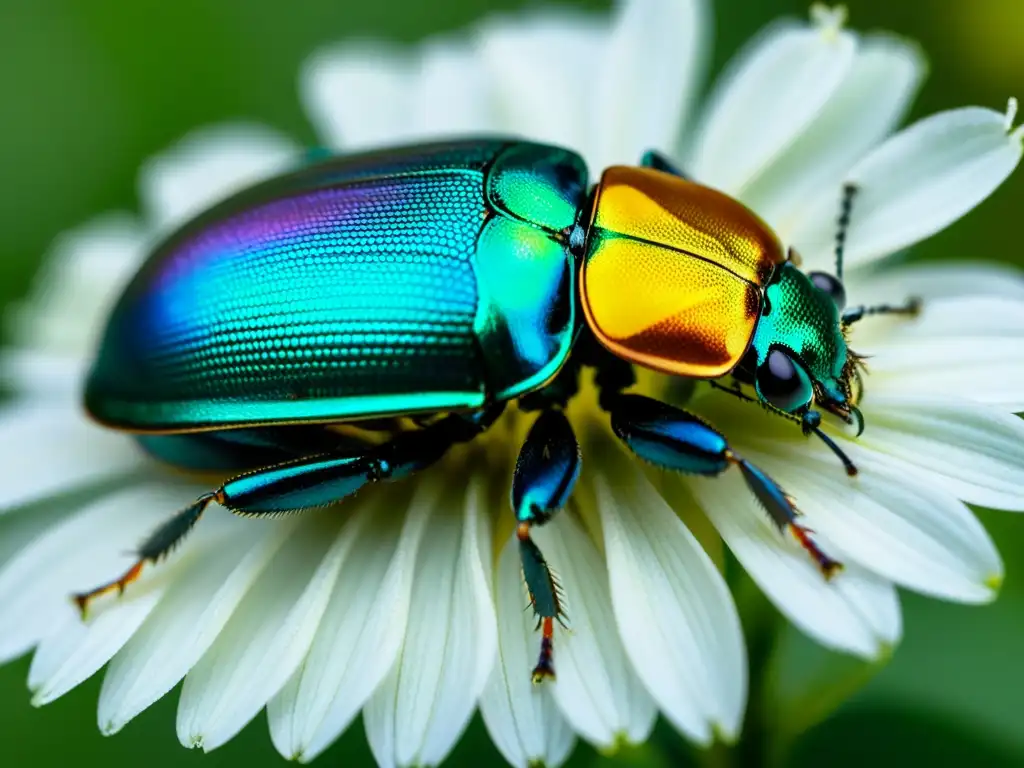 Una fotografía microscópica de entomología muestra un diminuto escarabajo iridiscente posado en un pétalo de flor, revelando una simbiosis fascinante