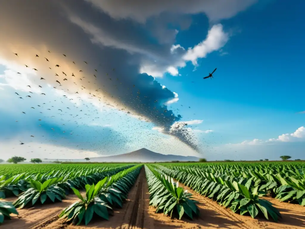 Migración de langostas del desierto impacta la agricultura con nubes de langostas devorando los cultivos bajo el sol brillante