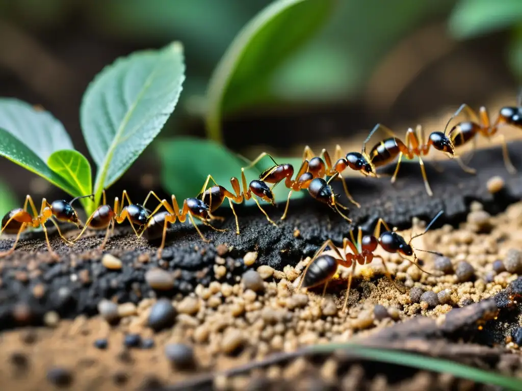 Migraciones espectaculares hormigas nómadas: Detalle ultrarrealista de hormigas llevando vegetación en formación en el suelo del bosque