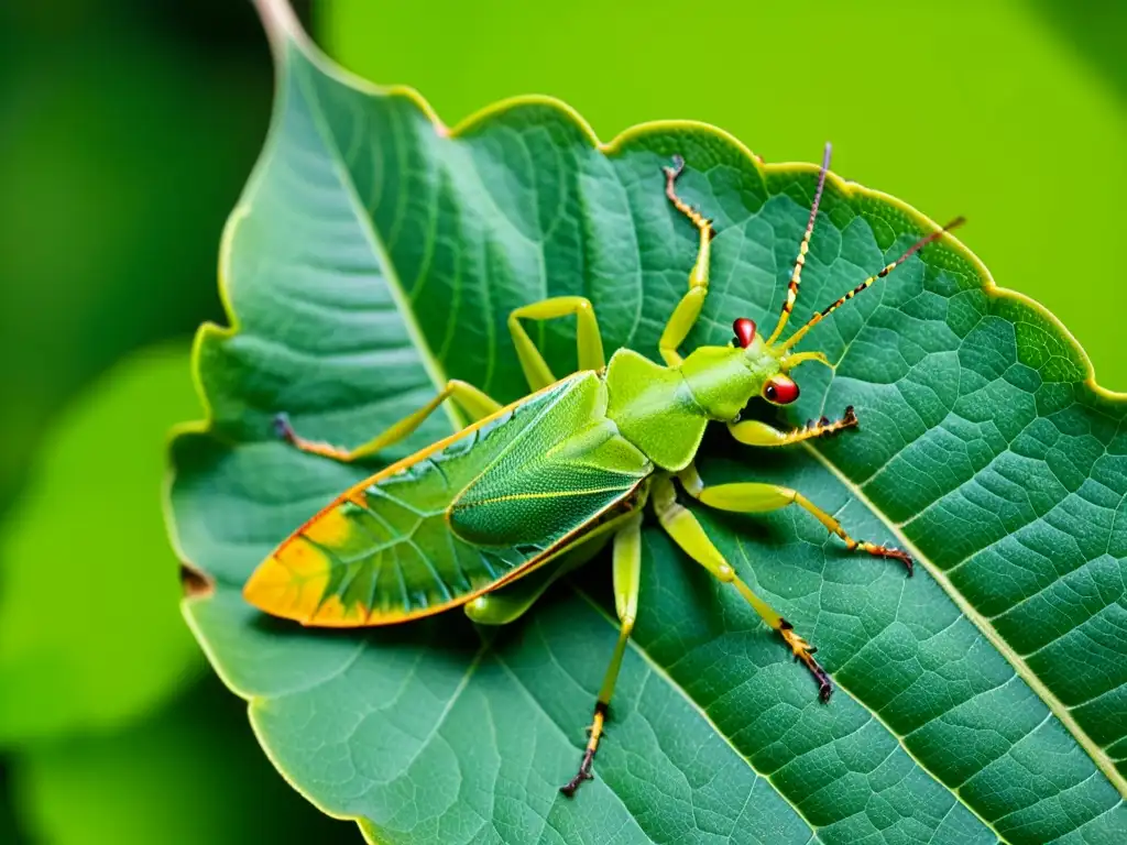 Mimetismo y camuflaje en insectos: Increíble detalle de un insecto hoja mimetizado perfectamente con el follaje verde exuberante