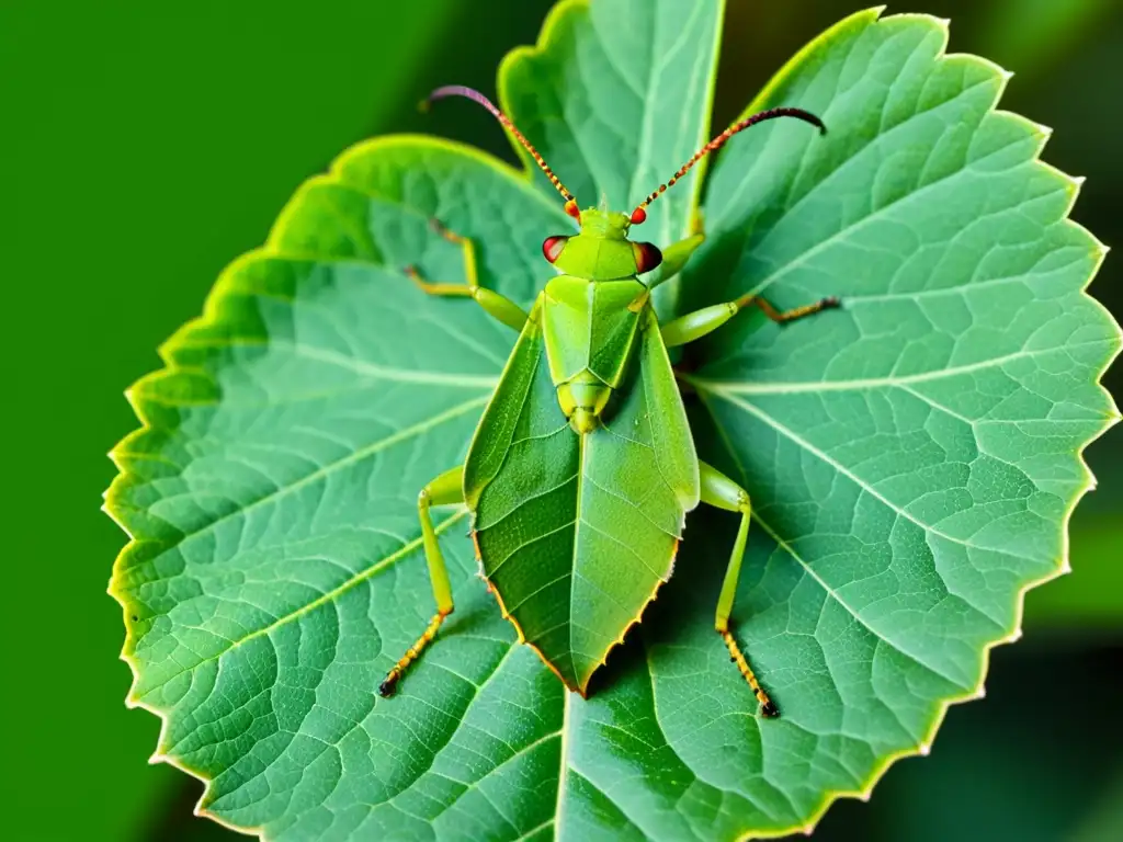 Mimetismo y camuflaje en insectos: Increíble foto de un insecto hoja mimetizado a la perfección en una hoja verde vibrante