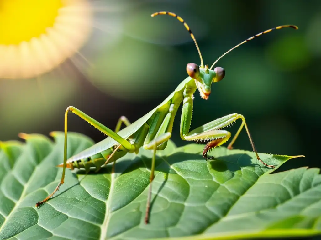 Preservando el misterio de las mantis religiosas: Detalle asombroso de una mantis verde en su hoja, con sus ojos compuestos y patas agresivas