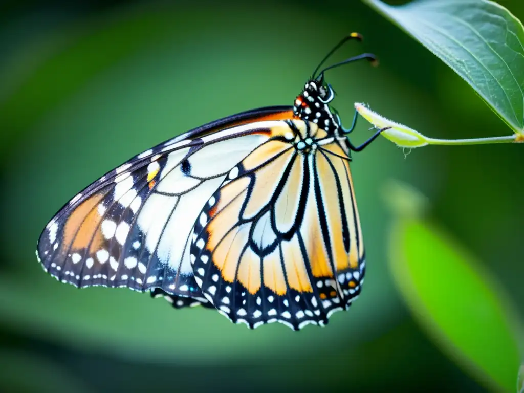 Misterio de la vida: mariposa monarca emergiendo de su crisálida, revelando la complejidad y belleza de la metamorfosis del insecto