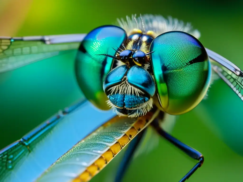 Misterio del vuelo de insectos: Fotografía macro de libélula en vuelo, mostrando detalles iridiscentes de alas, cuerpo y ojos multifacéticos