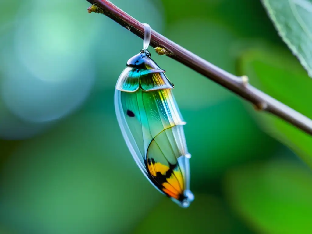 Misteriosa metamorfosis de la vida: una crisálida de mariposa suspendida de una rama, revelando el desarrollo del insecto en su interior