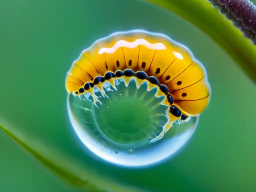 Misteriosa metamorfosis de vida insecto: larva translúcida suspendida en gota de agua, reflejando luz y colores