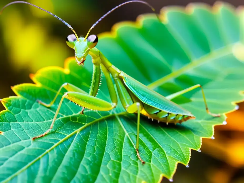 Disección de mitos sobre insectos: Detalle asombroso de una mantis religiosa verde en una hoja, con gotas de rocío y alas translúcidas