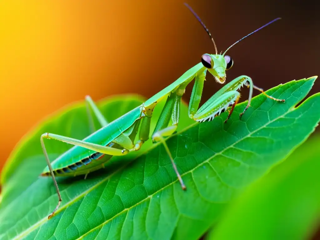 Disección de mitos sobre insectos: Detalle vibrante de una mantis verde en una hoja húmeda, mostrando su belleza y complejidad