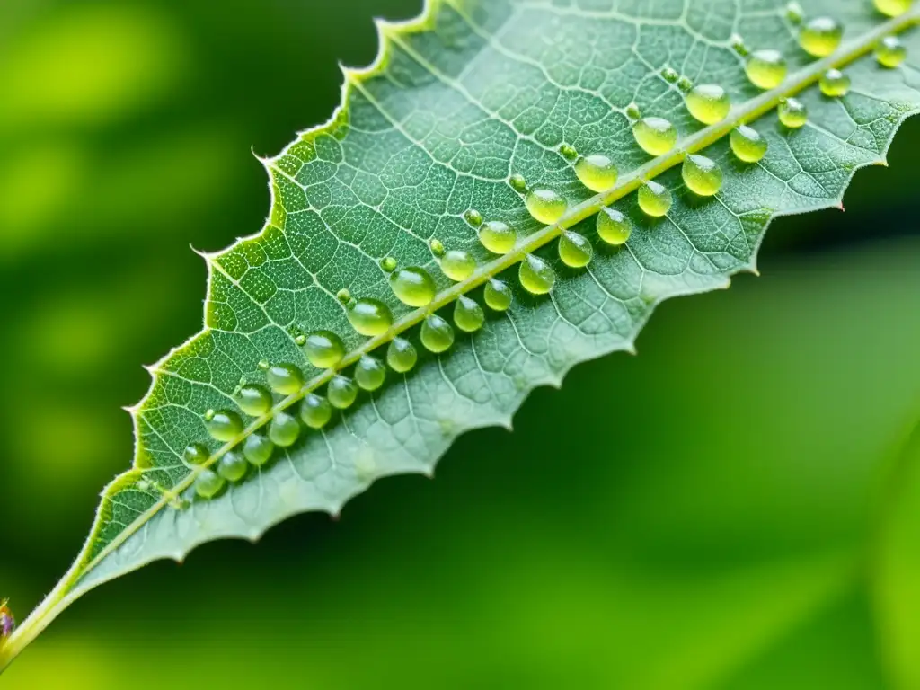 Modelado de poblaciones de insectos: Detalle macro de pulgones en una hoja verde, con sus patrones y texturas, y las delicadas venas de la hoja