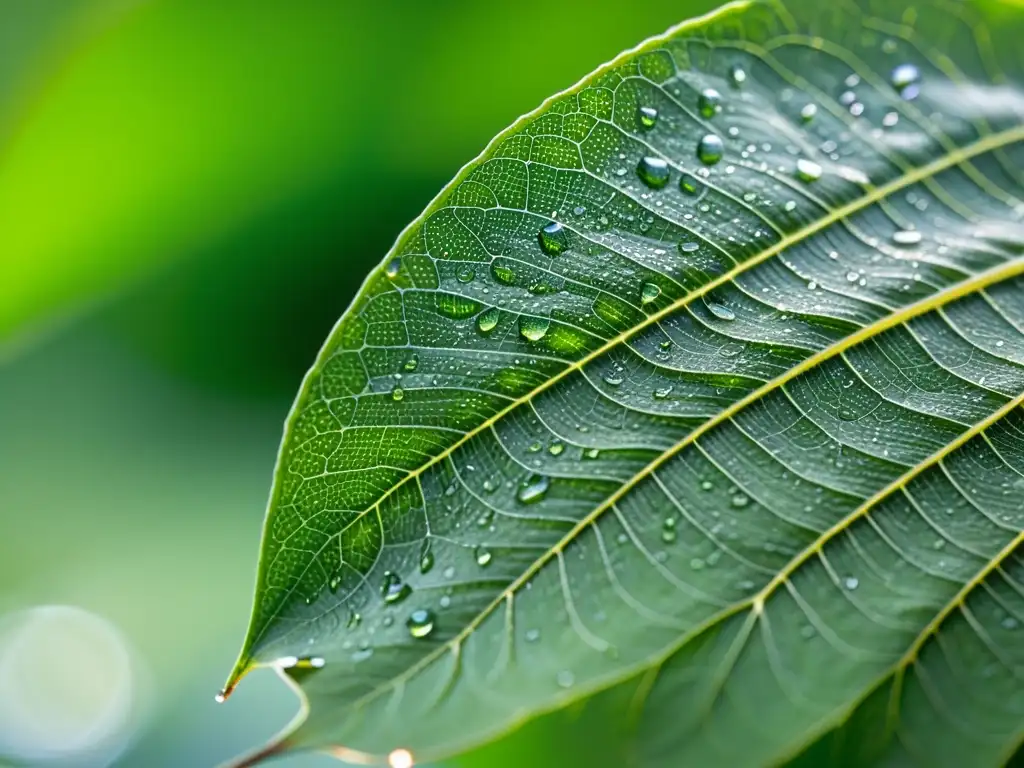 Modelado de poblaciones de insectos: Detalle de hoja verde con gotas de rocío, venas y finas telarañas, iluminada por la luz del sol