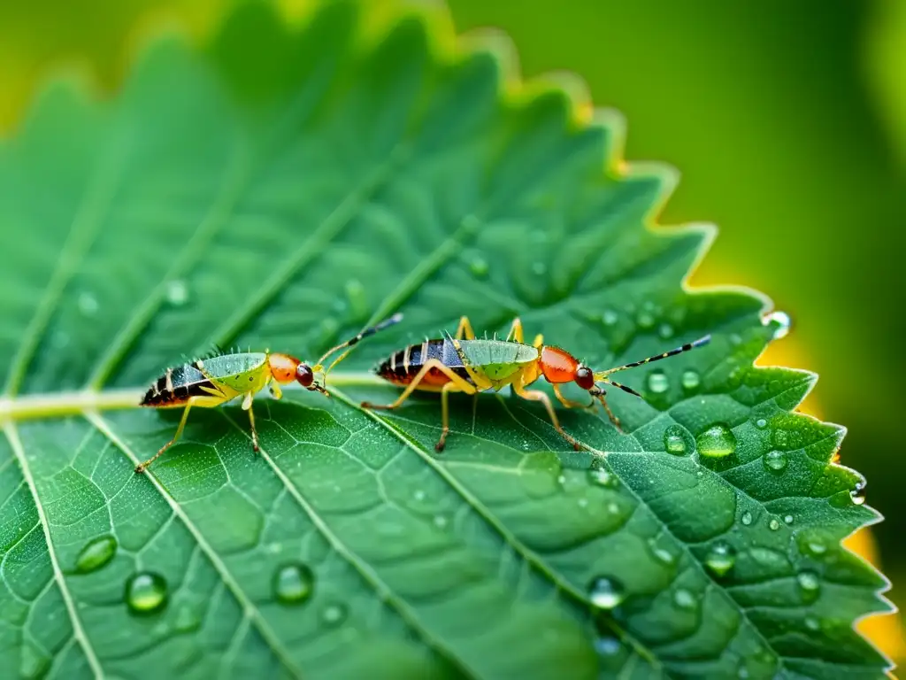 Modelado de poblaciones de insectos: Detalle fascinante de pulgones alimentándose en una hoja verde, con gotas de rocío