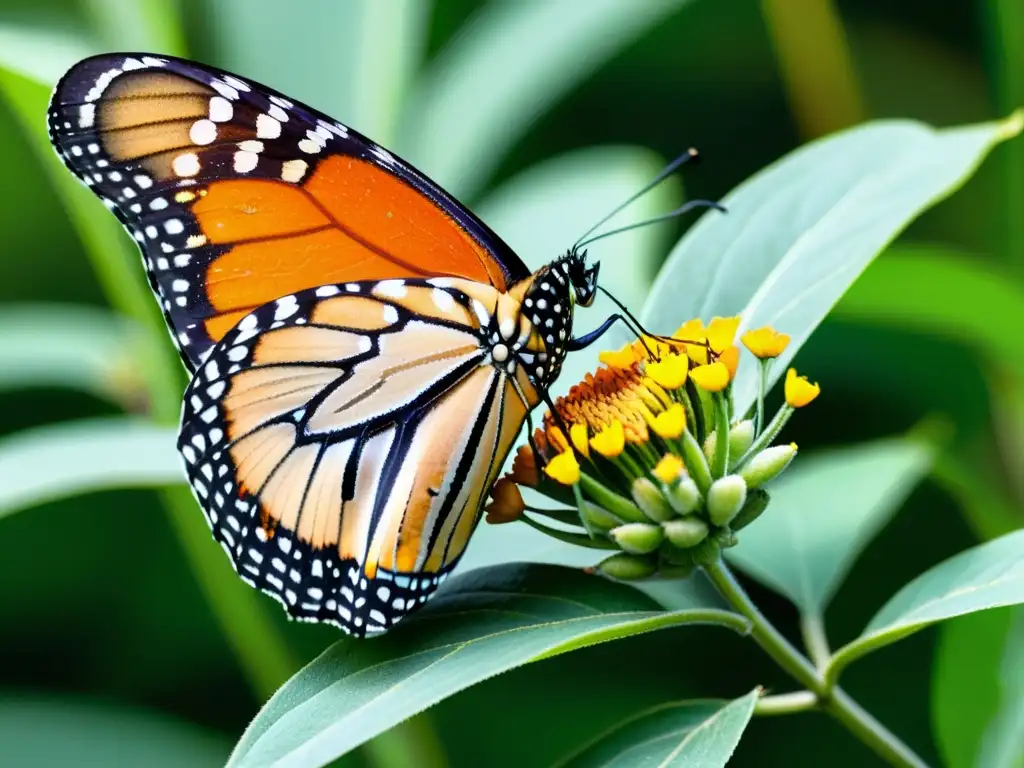 Modelado de poblaciones de insectos: Monarca en flor de algodoncillo, deslumbrando con sus alas iridiscentes en un ecosistema diverso y vibrante