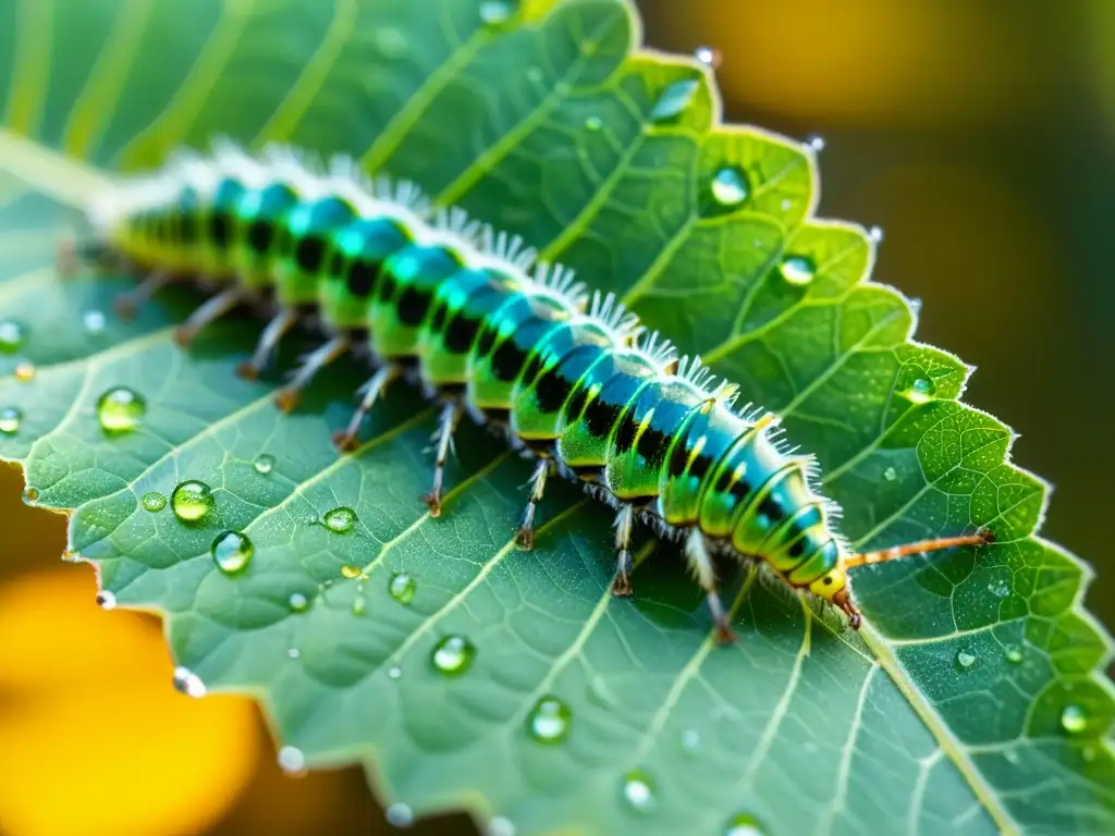 Modelos predictivos impacto climático insectos: Una vibrante oruga verde en una hoja con gotas de agua, bajo la cálida luz del sol