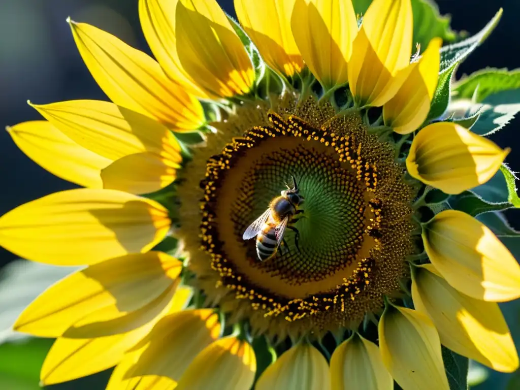 Un momento mágico: un detalle cercano de una abeja, cubierta de polen, polinizando una vibrante flor de girasol