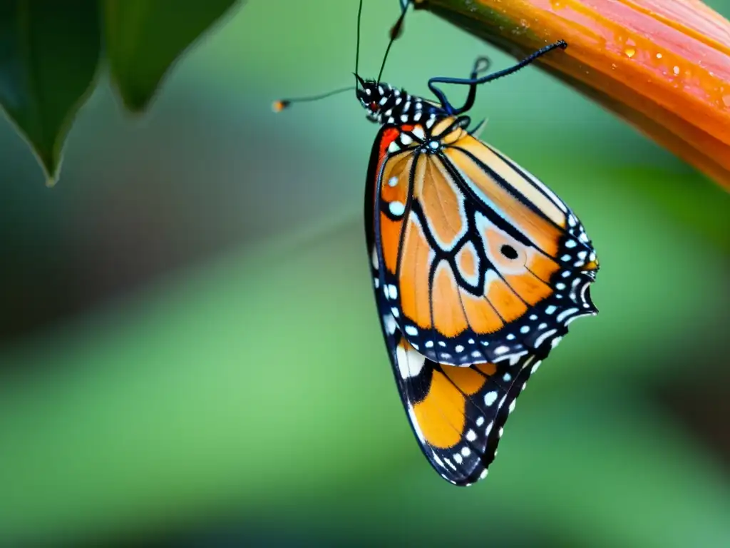 Mariposa Monarca emergiendo de su crisálida, con alas desplegándose y brillo iridiscente