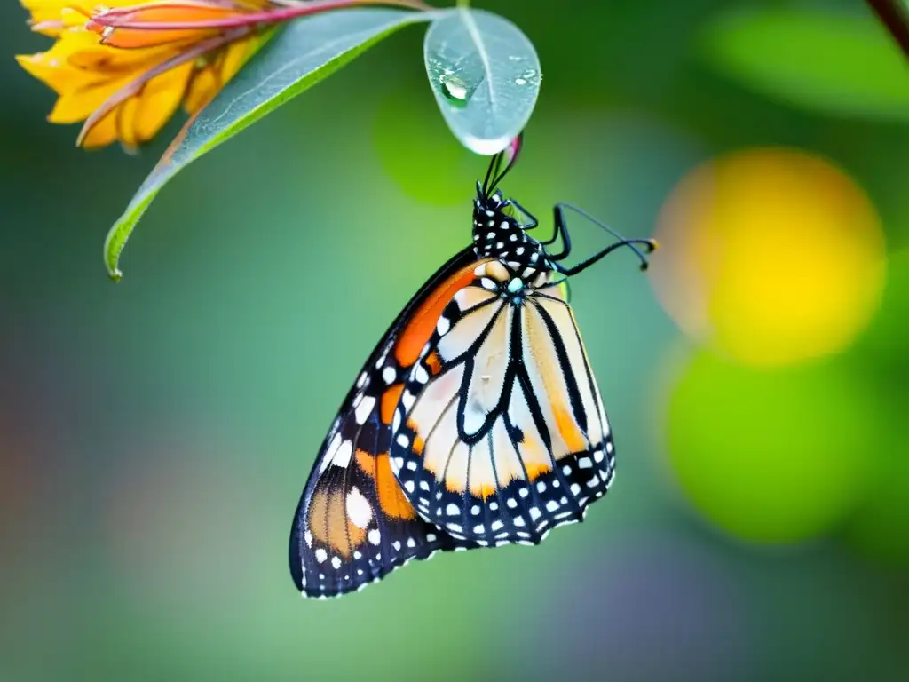 Mariposa monarca emergiendo de crisálida con alas delicadas y patrones vibrantes