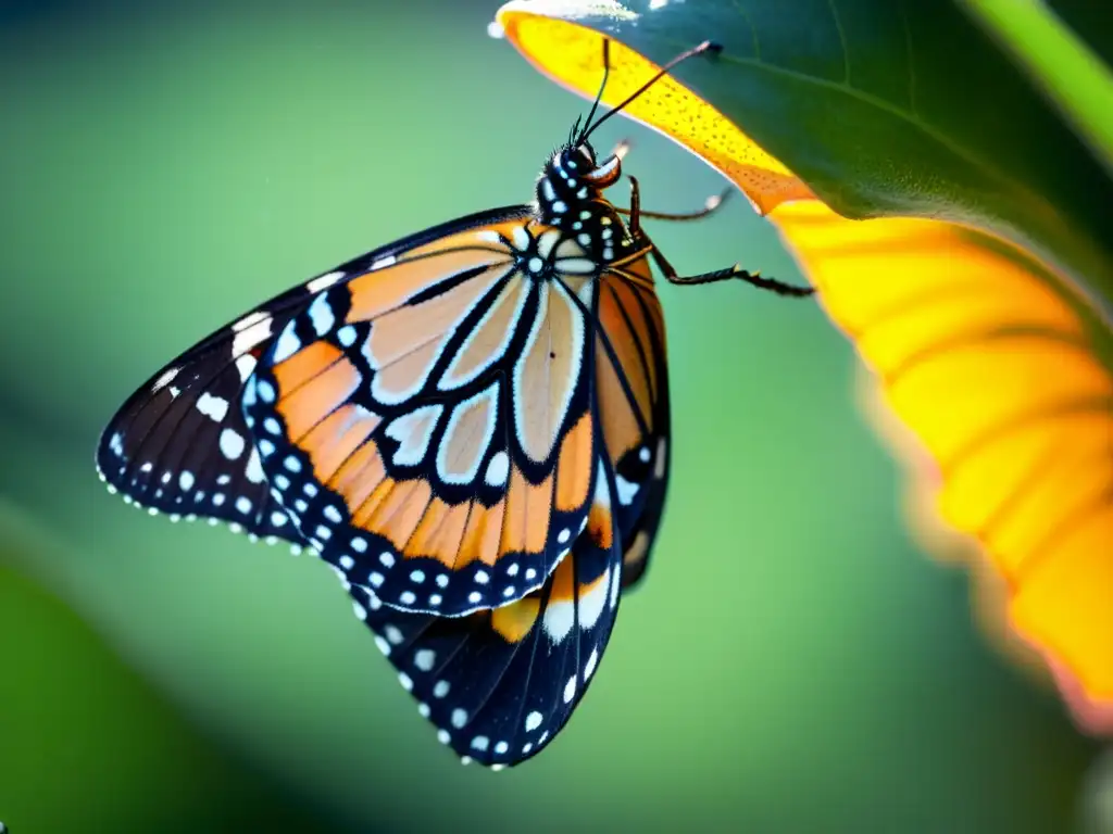 Mariposa monarca emergiendo de su crisálida, con alas delicadas desplegándose