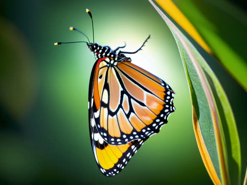 Mariposa monarca emergiendo de su crisálida, con alas delicadas desplegándose y brillando al sol, mostrando las etapas de desarrollo de insectos