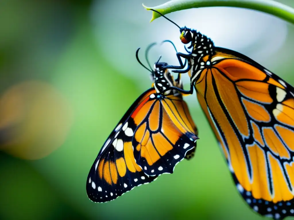 Mariposa monarca emergiendo de su crisálida, desplegando alas delicadas con patrones vibrantes