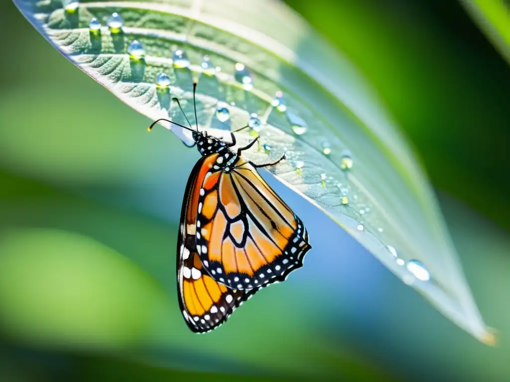 Mariposa monarca emergiendo de su crisálida, con alas delicadas desplegándose al sol