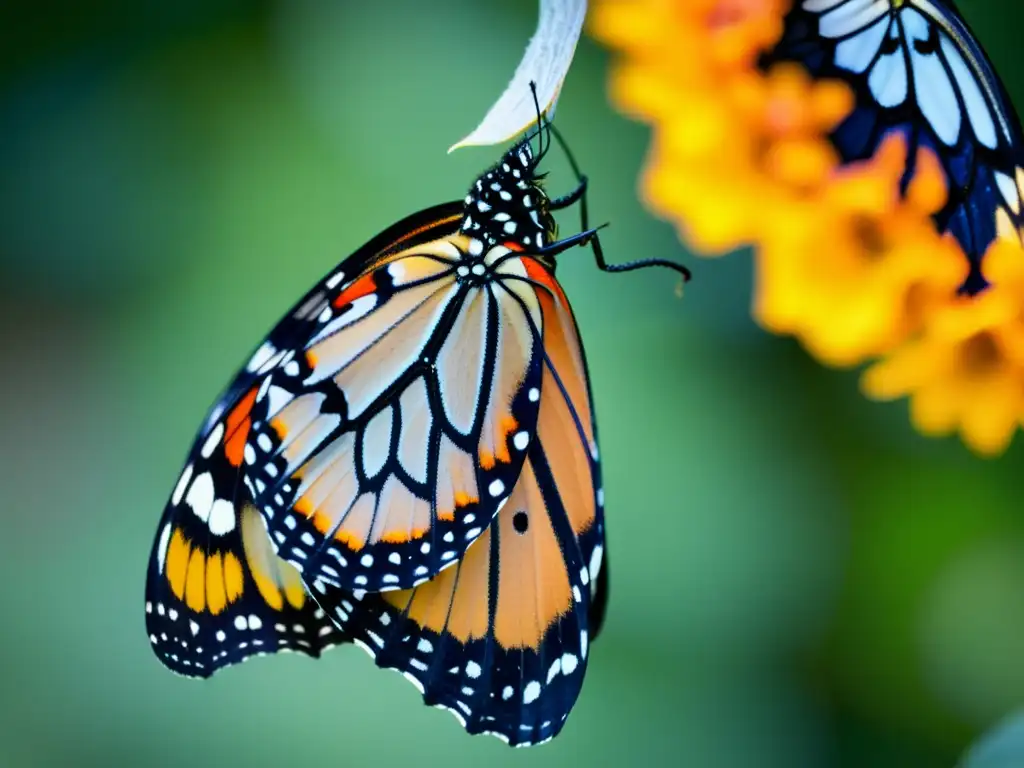 Mariposa monarca emergiendo de su crisálida, con alas delicadas y patrones naranja y negro tomando forma