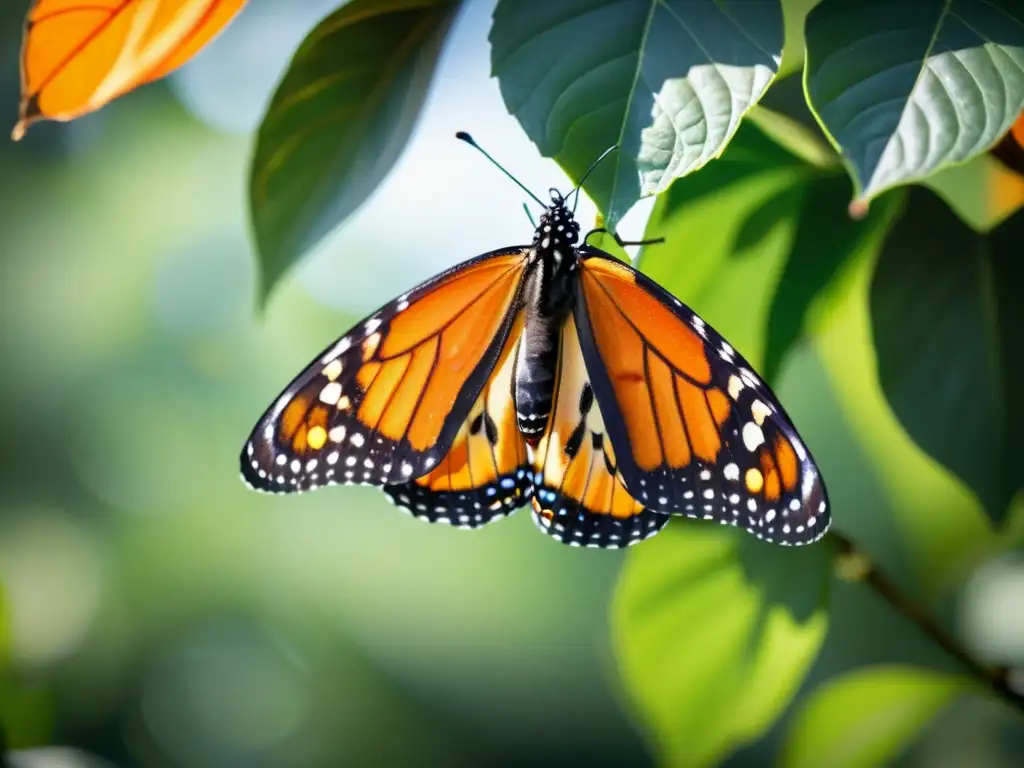 Mariposa monarca emergiendo de crisálida, desplegando alas delicadas con patrones naranja y negro