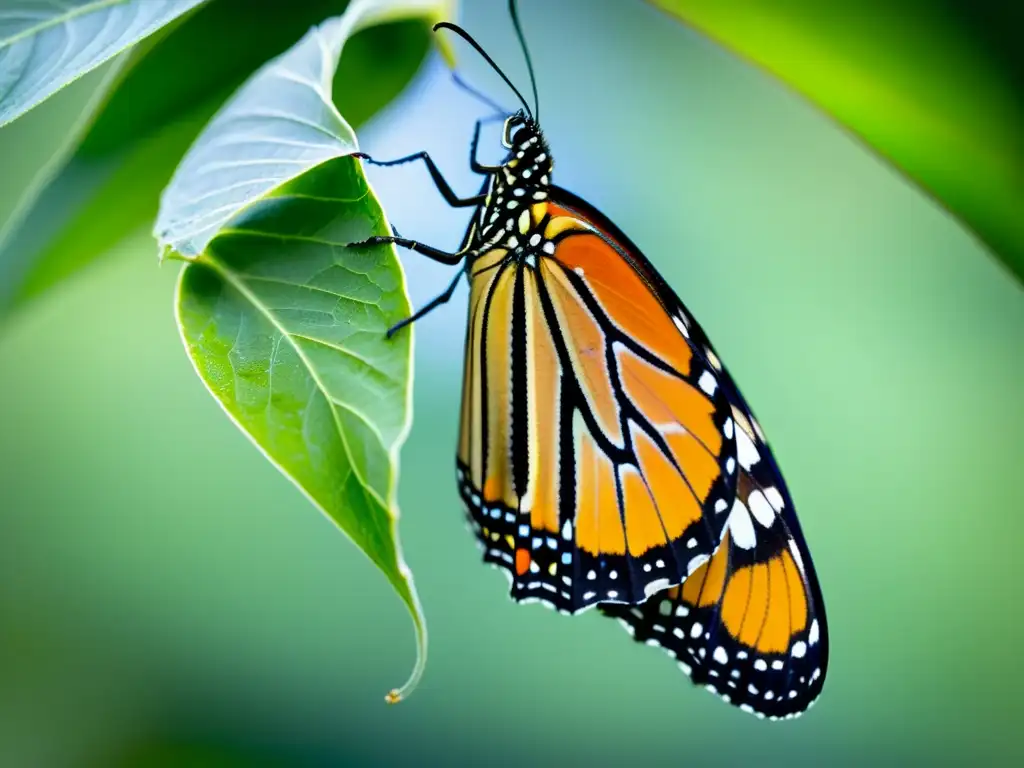 Mariposa monarca emergiendo de su crisálida, con sus alas delicadas desplegándose y colores vibrantes