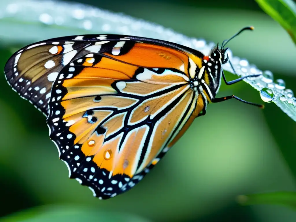 Mariposa Monarca emergiendo de su crisálida, con alas húmedas y detallados patrones